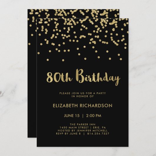 Faux Gold Confetti op zwart | 80e verjaardag Kaart (Voorkant / Achterkant)