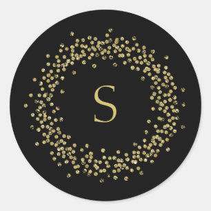 Faux Gold Confetti op zwart   Monogram Ronde Sticker