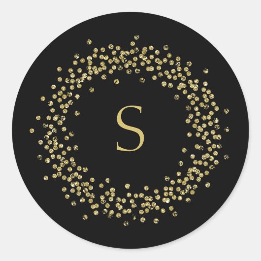 Faux Gold Confetti op zwart | Monogram Ronde Sticker (Voorkant)