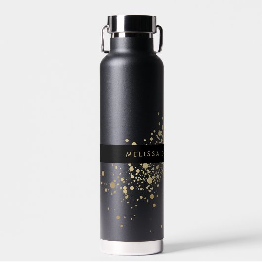 Faux Gold Confetti op zwart, speciaal gepersonalis Waterfles (Voorkant)