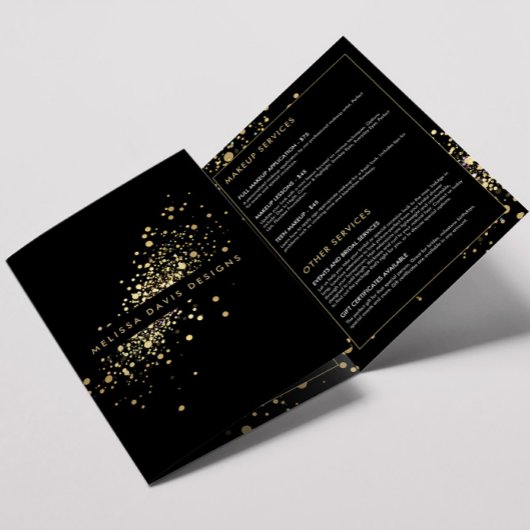 Faux Gold Confetti op zwarte brochure Drieluik Kaart