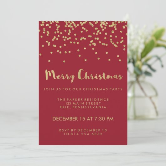 Faux Gold Confetti Red Merry Christmas Party Kaart (Staand voorkant)