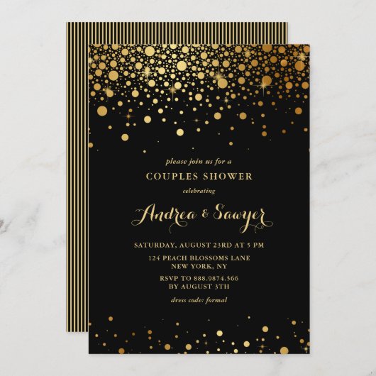 Faux Gold Confetti Stippen Black Couples Shower Kaart (Voorkant / Achterkant)
