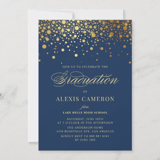 Faux Gold Confetti Stippen marineblauw Afstuderen Kaart (Voorkant)