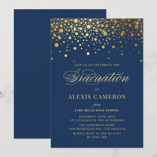 Faux Gold Confetti Stippen marineblauw Afstuderen Kaart (Voorkant / Achterkant)