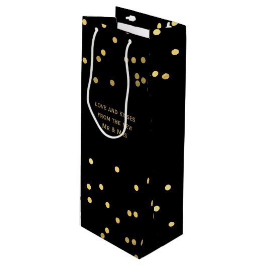 Faux Gold Confetti Stippen Matte Black Wine Gift B Wijn Cadeautas (Voorkant Gekanteld)