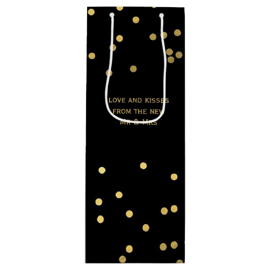 Faux Gold Confetti Stippen Matte Black Wine Gift B Wijn Cadeautas (Voorkant)