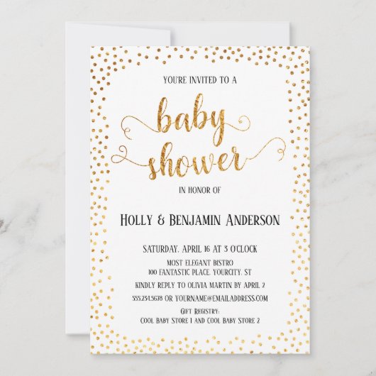 Faux Gold Confetti Typografie Baby shower Kaart (Voorkant)