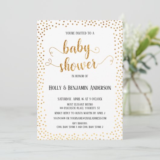 Faux Gold Confetti Typografie Baby shower Kaart (Staand voorkant)