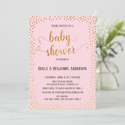 Faux Gold Confetti Typografie Roze Baby shower Kaart (Staand voorkant)