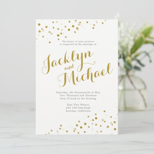 Faux Gold Confetti Wedding Invitation Kaart (Staand voorkant)