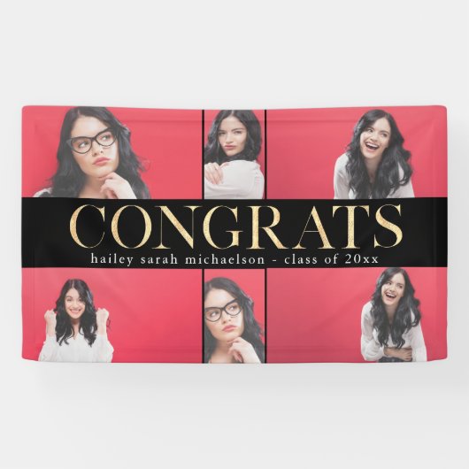 Faux Gold Congrats Afstuderen Fotocollage Spandoek (Horizontaal)