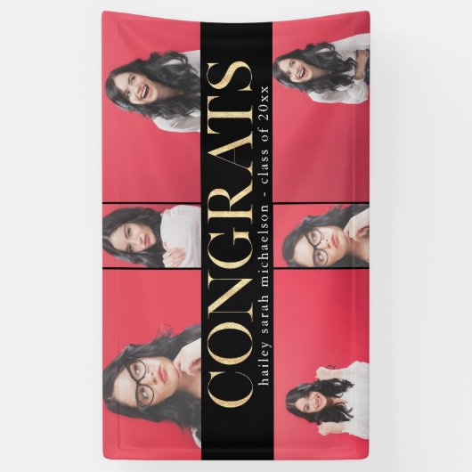 Faux Gold Congrats Afstuderen Fotocollage Spandoek (Verticaal)