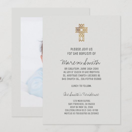 Faux Gold Cross Baby Photo Baptisme Invitation Kaart (Voorkant / Achterkant)