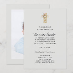 Faux Gold Cross Baby Photo Baptisme Invitation Kaart