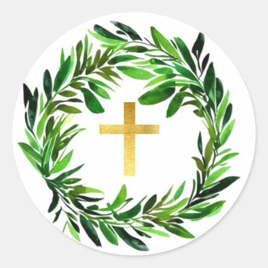 Faux Gold Cross in Greenery Wreath Green Religious Ronde Sticker (Voorkant)