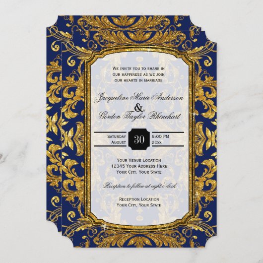 Faux Gold Damask Navy Blue  Baroque Glam Kaart (Voorkant / Achterkant)