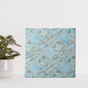 Faux Gold Damask-patroon op een lichtblauwe marmer Tegeltje