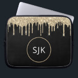 Faux Gold Dripping Glitter Sparkle Monogram Laptop Sleeve<br><div class="desc">Gouden en zwarte faux druipende glitter en sprankelende elegante monogrammed Initialen Hoesje. Dit hoesje kan worden aangepast om uw initiaal en voornaam op te nemen.</div>