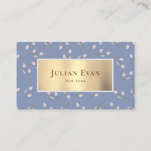 Faux Gold Dusty Blue Floral Visitekaartje (Voorkant)