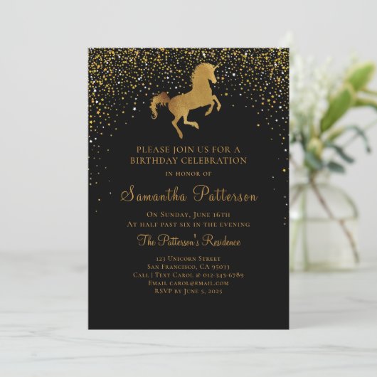Faux Gold Eenhoorn en sterren Verjaardag Uitnodigi Kaart (Staand voorkant)