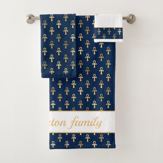 Faux gold Egyptian Ankh Symbol of Life Blue White Bad Handdoek (Insitu)