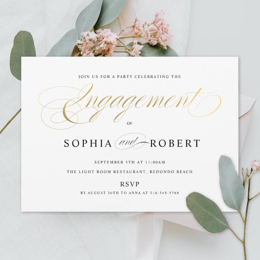 Faux Gold Elegant Calligraphy Engagement Party Kaart