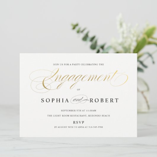 Faux Gold Elegant Calligraphy Engagement Party Kaart (Staand voorkant)