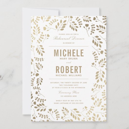Faux Gold Elegant Floral Rehearsal Dinner Invite Kaart (Voorkant)