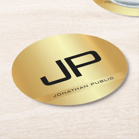 Faux Gold Elegant Monogrammed Sjabloon Moderne Ronde Kartonnen Onderzetter (Gebogen)
