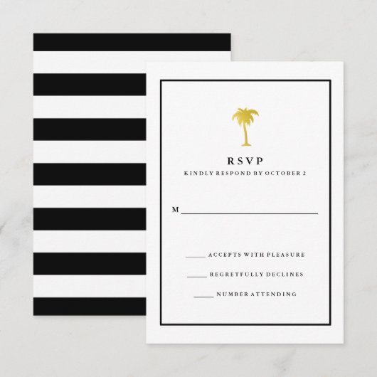 Faux Gold en Black Palm Tree | Glam Wedding RSVP Kaartje (Voorkant / Achterkant)