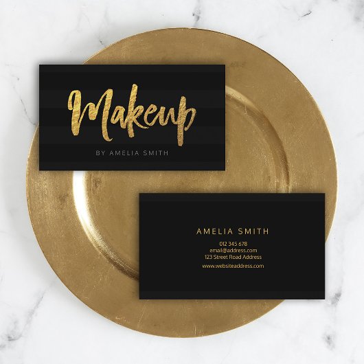 Faux Gold en Black Stripes Brush Script Make-up Visitekaartje