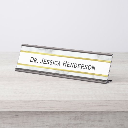 Faux Gold en White Marble Kijk Bureau Naambordje (Voorkant)