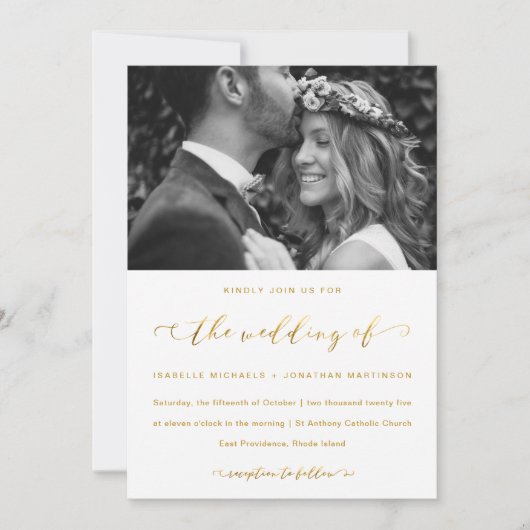 Faux Gold en White Wedding Calligraphy and Photo Kaart (Voorkant)