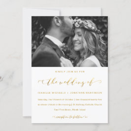 Faux Gold en White Wedding Calligraphy and Photo Kaart