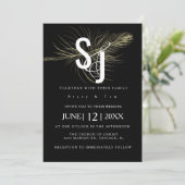 Faux Gold Feather Botanical Black Wedding Suite Kaart (Staand voorkant)