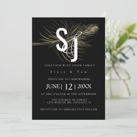 Faux Gold Feather Botanical Black Wedding Suite Kaart (Staand voorkant)