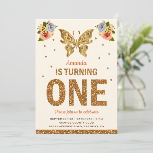 Faux Gold Floral First Birthday Party Kaart (Staand voorkant)