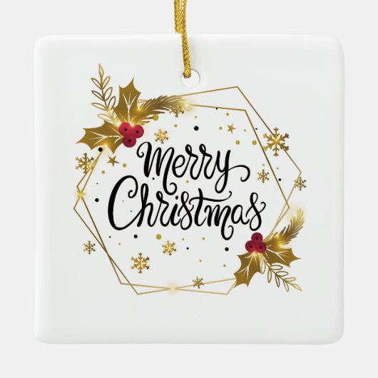 Faux Gold Floral Merry kerst | Versiering Keramisch Ornament (Voorkant)