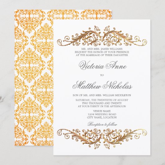 Faux Gold Flourish Damask Kaart (Voorkant / Achterkant)