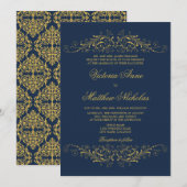 Faux Gold Flourish Damask Navy Blue Kaart (Voorkant / Achterkant)
