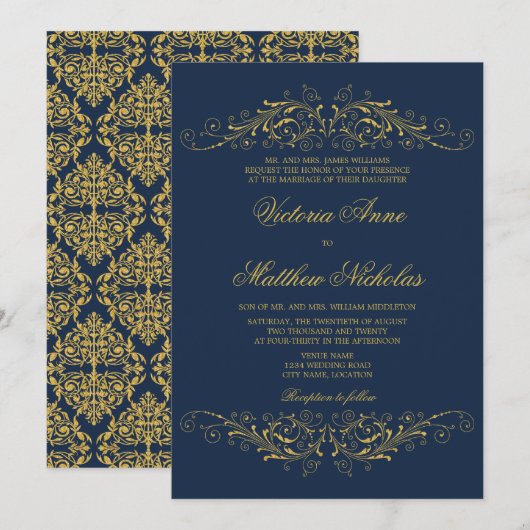Faux Gold Flourish Damask Navy Blue Kaart (Voorkant / Achterkant)
