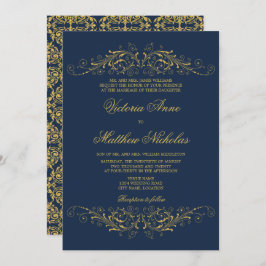 Faux Gold Flourish Damask Navy Blue Kaart