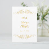Faux Gold Flourish Damask RSVP Kaart (Staand voorkant)