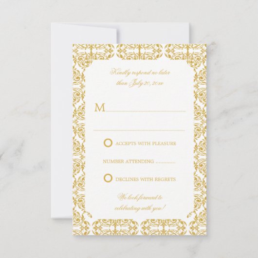 Faux Gold Flourish Damask RSVP Kaart (Achterkant)