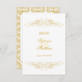 Faux Gold Flourish Damask RSVP Kaart (Voorkant / Achterkant)