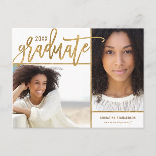 Faux Gold Foil 2 Foto-Afstuderen Aankondigingskaart (Voorkant)