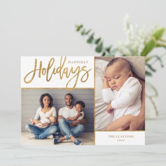 Faux Gold Foil 2 Foto van de gelukkigste Feestdage Feestdagenkaart (Staand voorkant)