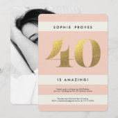 Faux Gold Foil 40th Birthday Invitation // Blush Kaart (Voorkant / Achterkant)
