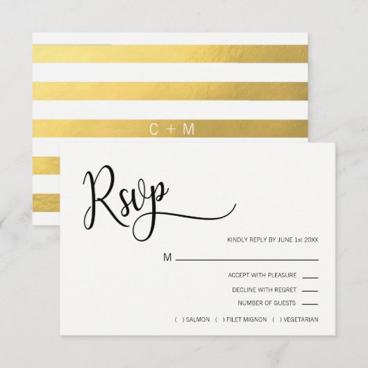 Faux Gold Foil Black & White RSVP Menu Weddenschap (Voorkant / Achterkant)